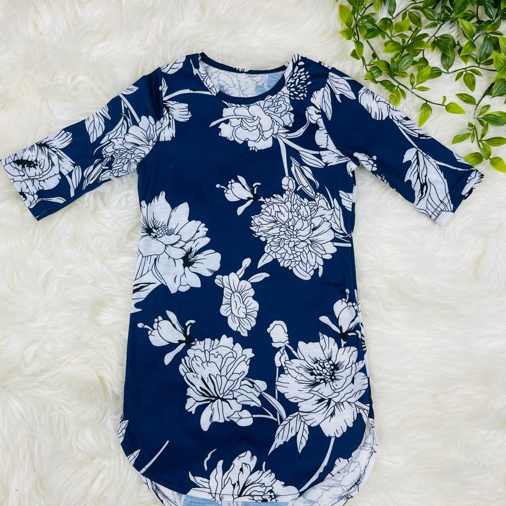 Blue Floral Toddler Mid Sleeve Dress